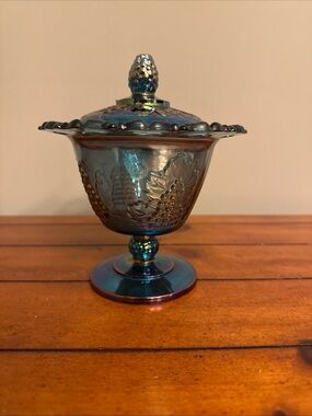 Indiana Glass Blue Carnival Harvest Grape Lace w/Lid  Candy Dish